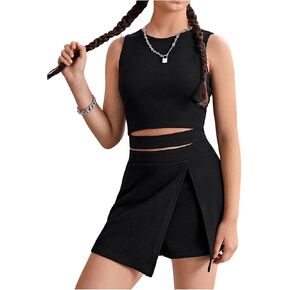 OYOANGLE Girl's 2 Pieces Outfits Sleeveless Round Neck Cut Out Tank Top and Skorts Shorts Set