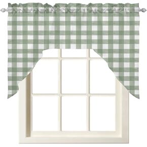 Swag Valance Short Curtains, Sage Green Buffalo Plaid 56 x 36 Inch Swag Curtain Panels for Windows, Farmhouse Green White Checkered Drapes Treatment for Bedroom/Laundry