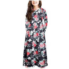 Girl Maxi Dress Floral Casual Short Sleeve Loose Plain Long Maxi Dresses with Pockets Holiday Dresses for Girls 4-16Years