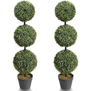 momoplant 37 Inch Artificial Topiary Ball Tree, Fake Topiaries Triple Ball Trees, Faux Boxwood Ball Plants Potted for Indoor/Outdoor Decor (Set of 2)