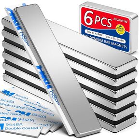 6Pack Strong Rare Earth Neodymium Magnets, 60x10x3mm Strong Magnets Heavy Duty Bar Magnets with Double-Sided Adhesive, Perfect for Fridge, Garage, Science, Craft, Office, DIY
