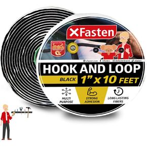 Hook and Loop Tape, Black, 1 inch x 10ft Industrial Strips with Adhesive Heavy Duty, Indoor/Outdoor Hook and Loop Roll, No Sew Sticky Strips - XFasten