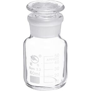 PATIKIL 60mL Reagent Media Bottle, 1Pcs Round 3.3 Borosilicate Glass Graduated Storage Bottle with Clear Cap for Chemistry Lab Universities Home, Clear