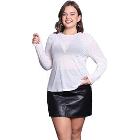 WDIRARA Women's Plus Size Rhinestone Sheer Mesh See Through Round Neck Long Sleeve Top