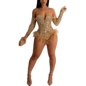 Womens Sexy Long Sleeve Off Shoulder Sequins Bodycon Feather Shorts Party Clubwear Jumpsuit Rompers