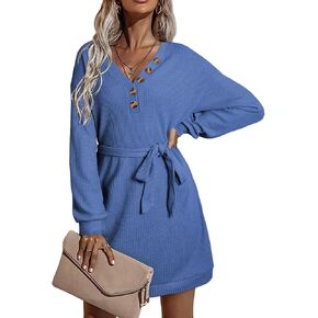 Happy Sailed Women Casual Button V Neck Long Sleeve Waffle Knit Tie Waist Short Mini Dress in Saudi Arabia