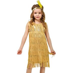 SEAUR Girls Fringe Latin Dance Dress with Sequin Headband Crew Neck Sleeveless Perform Costume Set Vintage Party Outfit