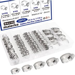 42PCS Hose Clamp Assortment Kit,1/4''–1-1/8'' 304 Stainless Steel Worm Gear Hose Clamps Kit for Radiator,Fuel Line,Automotive,Pipe, Tube,and Plumbing