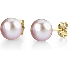 THE PEARL SOURCE Round Pink Freshwater Real Pearl Earrings for Women - 14k Gold Stud Earrings | Hypoallergenic Earrings with Genuine Cultured Pearls, 7.0-7.5mm