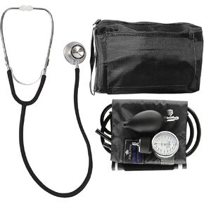 MABIS Blood Pressure Cuff and Dual Head Stethoscope Kit, Combination Home Sphygmomanometer with Calibrated Nylon Cuff, Professional Quality, Carrying Case, Black