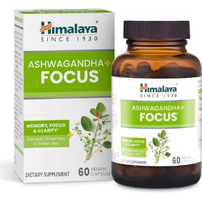Himalaya Ashwagandha+ Focus with Ashwagandha, Bacopa, Rosemary & Green Tea for Memory, Focus and Clarity, 60 Capsules, 1 Month Supply, Vegan, Gluten Free