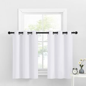 NICETOWN Small Window Curtain Panel Grommet Valance Solid Thermal Insulated Curtain Tier Drape Short Kitchen Curtains, 2 Panels, Pure White, 34 inches Width x 36 inches Length 1.2 inches Header