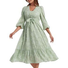 ALLOVIN Women's Casual Long Sleeve V Neck Dress Tie Front High Waist Cocktail Dresses with Pockets