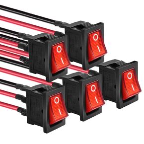 QTEATAK KCD1 SPST Pre-Wired On/Off 3-Pin 2-Position Snap DC 12V-24V 20A Red LED Boat Rocker Toggle Switch - 5Pack (Only for DC12-24V)