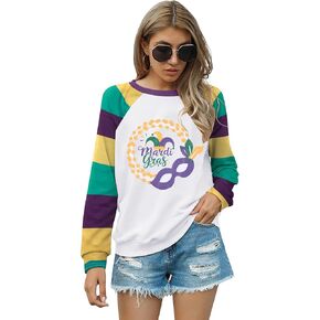 Mardi Gras Shirts Women Glitter Mask Graphic Long Sleeve Shirt Carnival New Orleans Party Tops