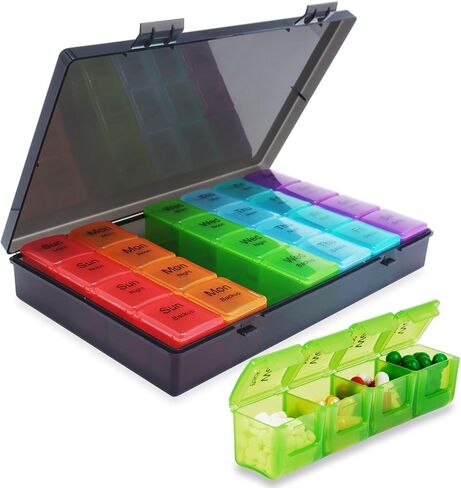 Large weekly pill organizer, 4 times a day, 7-day moisture-proof pill box with 28 compartments, capable of accommodating large amounts of vitamins, supplements, fish oil, and medicine (Gray Rainbow) in Saudi Arabia