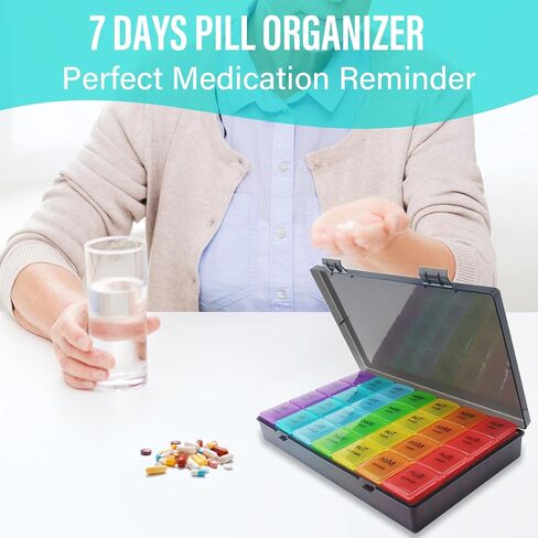 Large weekly pill organizer, 4 times a day, 7-day moisture-proof pill box with 28 compartments, capable of accommodating large amounts of vitamins, supplements, fish oil, and medicine (Gray Rainbow) in Saudi Arabia