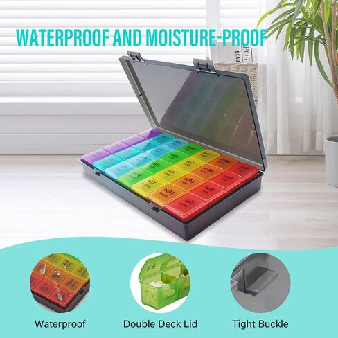 Large weekly pill organizer, 4 times a day, 7-day moisture-proof pill box with 28 compartments, capable of accommodating large amounts of vitamins, supplements, fish oil, and medicine (Gray Rainbow) in Saudi Arabia