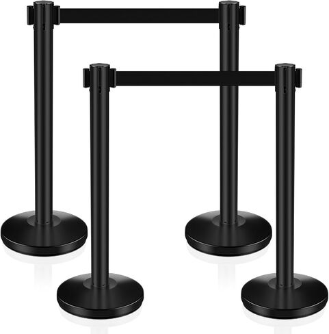4 Pcs Crowd Control Stanchion, Stanchion with 6.6 Foot Retractable Belt Crowd Control Barriers, Easy Connect Assembly (Black) in Saudi Arabia