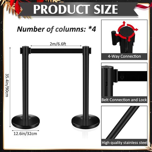 4 Pcs Crowd Control Stanchion, Stanchion with 6.6 Foot Retractable Belt Crowd Control Barriers, Easy Connect Assembly (Black) in Saudi Arabia