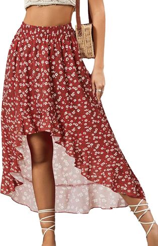 OPOIPIN Women's Leopard Print Elastic Waist High Low Ruffle Hem Casual Long Maxi Skirt in Saudi Arabia