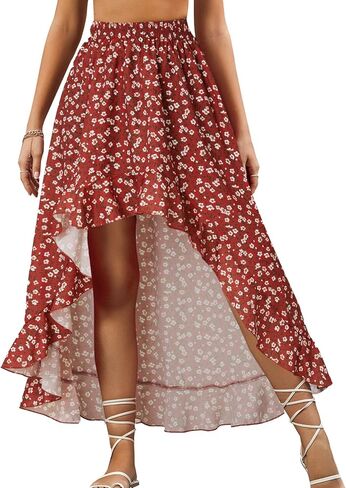 OPOIPIN Women's Leopard Print Elastic Waist High Low Ruffle Hem Casual Long Maxi Skirt in Saudi Arabia