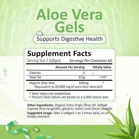 Aloe-Vera Pure-Gels Mini-Softgel Vegetarian-Supplement - 120Capsules Organic Aloe Vera Highly Concentrated Aloe Leaf Supplement for Digestive Support Non-GMO in Saudi Arabia