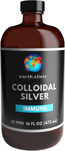 Earth Clinic ® الفضة الغروية 20 جزء في المليون، 16 أونصة (473 مل)، زجاجة كبيرة من زجاج العنبر - دعم المناعة in Kuwait