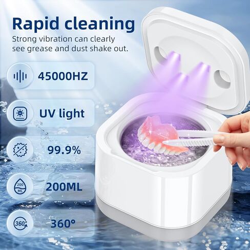 آلة تنظيف بالموجات فوق الصوتية - حامل تنظيف بالموجات فوق الصوتية بقوة 45 كيلو هرتز لحراس الليل، واقي الفم، صواني الأسنان (أبيض 200 مل) in Kuwait