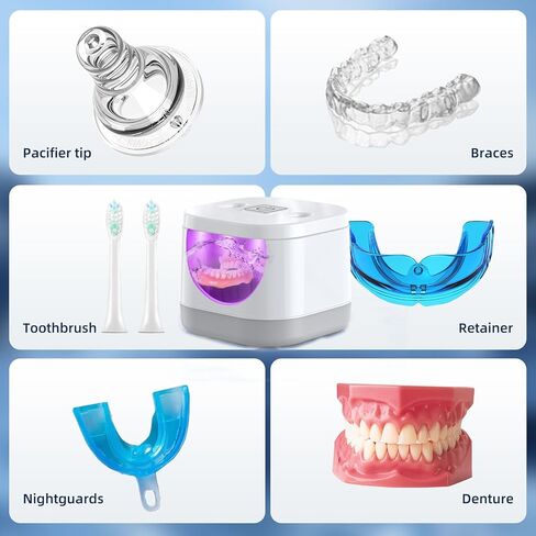 آلة تنظيف بالموجات فوق الصوتية - حامل تنظيف بالموجات فوق الصوتية بقوة 45 كيلو هرتز لحراس الليل، واقي الفم، صواني الأسنان (أبيض 200 مل) in Kuwait