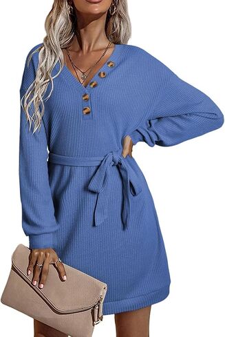 Happy Sailed Women Casual Button V Neck Long Sleeve Waffle Knit Tie Waist Short Mini Dress in Saudi Arabia