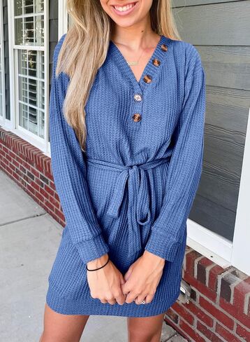 Happy Sailed Women Casual Button V Neck Long Sleeve Waffle Knit Tie Waist Short Mini Dress in Saudi Arabia