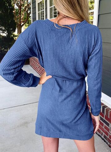 Happy Sailed Women Casual Button V Neck Long Sleeve Waffle Knit Tie Waist Short Mini Dress in Saudi Arabia