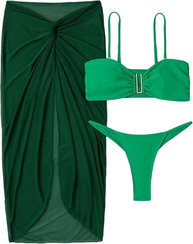OYOANGLE Women's 3 Piece Bikini Set Swimsuit V Wired Bikini Bathing Suit with Twist Beach Skirt in Kuwait