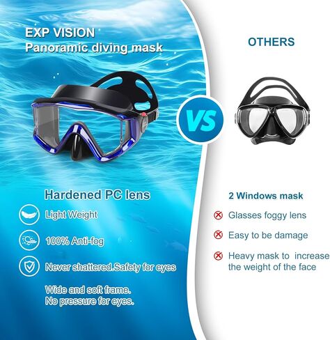 Snorkel Diving Mask, Ultimate Pano 3 HD Snorkeling Mask Anti-Fog Swim Mask Goggles with Nose Cover Adults & Youth for Diving, Snorkeling and Swimming in Kuwait