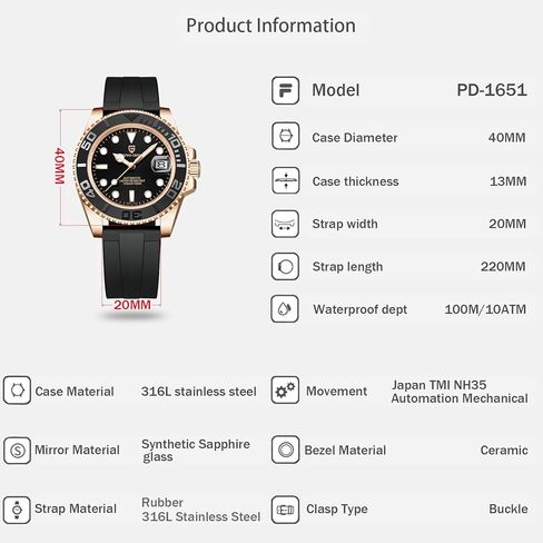 Men Watches Pagani Design Watch for Men Automatic NH35 Mechanical 100M Waterproof Stainless Steel Sapphire Glass Yacht Wristwatch PD-1651 in Kuwait