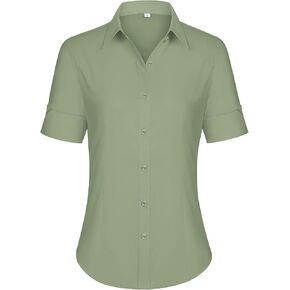 siliteelon Short Sleeve Button Dress Shirts for Women Cotton Button Down Shirts for Women Slim Fit Blouse Top 3/4 Sleeve