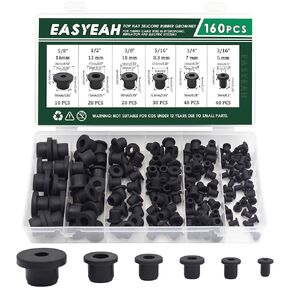 160 Pack Top Hat Rubber Grommets for Wiring Assortment Kit Waterproof Wire Grommets Automotive, Firewall Silicone Plug for Holes, Vinyl Tubing in Hydroponic and Irrigation Systems, 6 Sizes