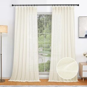 Pinch Pleated Curtains 2 Panels, Linen Textured Semi Sheer Curtain 84 Inches Long Back Tab Light Filtering Voile Window Drapes for Living Room, Bedroom and Farmhouse, 40 Inch x 84 Inch Ivory