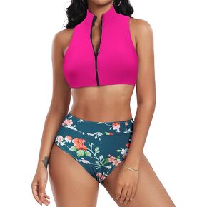 ZAFUL Women's High Waisted Bikini Set Half Zip Cheeky Two Pieces Swimsuits Tankini High Cut Swimsuit Bathing Suit