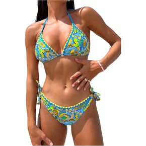 COZYEASE Women's Bikini Sets 2 Piece Halter Triangle Allover Print Swimsuit Set Boho Knot Side Bathing Suit Set