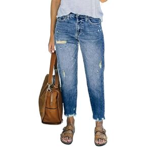 Flamingals Women's Ripped Raw Hem Crop Straight Leg Jeans High Waist Casual Pants