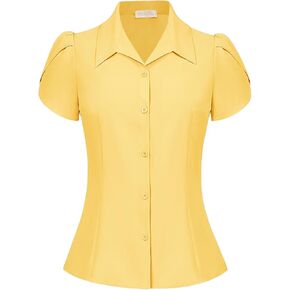 Belle Poque Summer Short Sleeve Button Down Blouse for Women V Neck Vintage Business Casual Shirts Tops