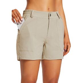 BALEAF Womens 4.5" Camping and Hiking, Outdoor Lifestyle Shorts Quick Dry Rip Stop Lightweight Athletic Shorts Stretch with Chop Pork Pockets Zipper UPF 50+, Large, Khaki