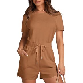 XIEERDUO Rompers for Women 2024 Summer Crewneck Short Jumpsuit Casual Loose Short Sleeve One Piece Outfits with Pockets