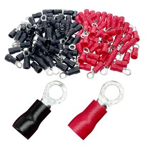 200PCS AWG16-14 PVC Insulated Ring Crimp Terminals,1/4" Stud Size Ring Electrical Wire Crimp Connectors(100 Pcs Red +100 Pcs Black;M6)