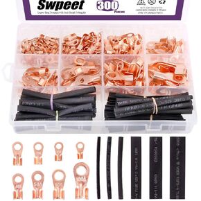 Swpeet 300Pcs Copper Ring Terminals Open Barrel Wire Crimp Copper Ring Lugs Terminal Connector with 2:1 Heat Shrink Tubing Assortment Kit (OT 5A 10A 20A 30A 40A 50A 60A 100A)