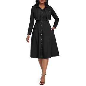VERWIN Two Pieces Denim Dress with Jackets Midi Dress Button Down Party Long Sleeve Shirt Dress Outfits in Kuwait