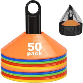 Disc Cones, 50Pack Agility Soccer Cones with Mesh Bag and Holder, Soccer Cones for Sports Training, Football, Soccer, Basketball, Coaching, Practice Equipment, Includes Cone Drills Guide,5 Color