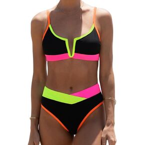 HYTENSUN Women's High Waisted Colorblock V Cut Bikini Ribbed V-Wired High Cut Cami Two Pieces Swimsuit